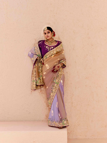 Beige &amp; Lavender Viscose Bemberg Designer Saree