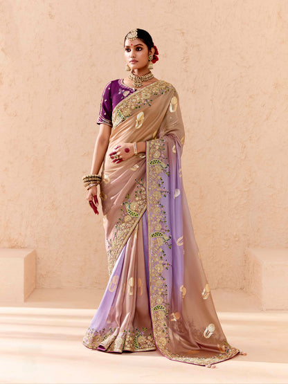Beige &amp; Lavender Viscose Bemberg Designer Saree