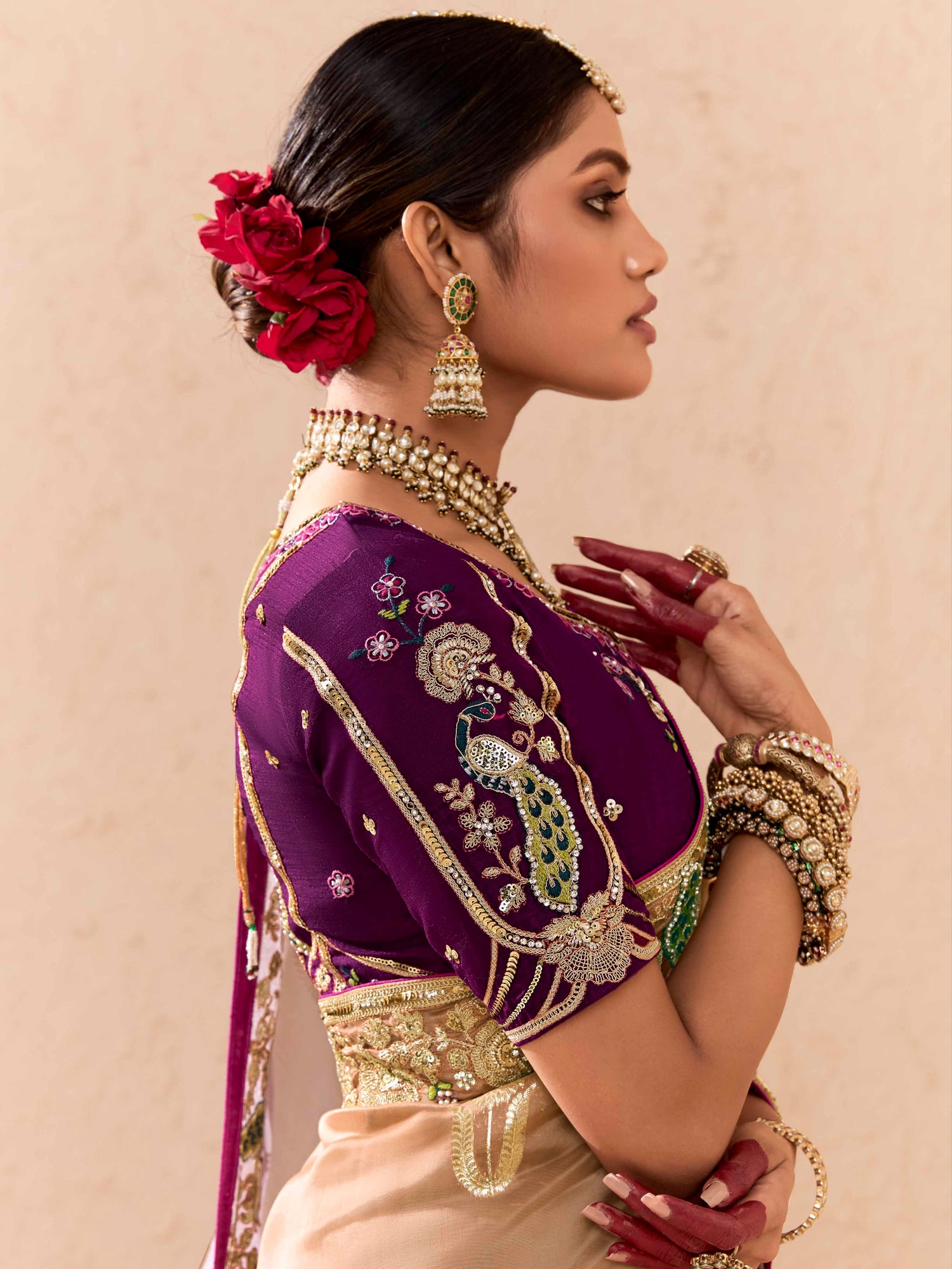 Beige &amp; Lavender Viscose Bemberg Designer Saree
