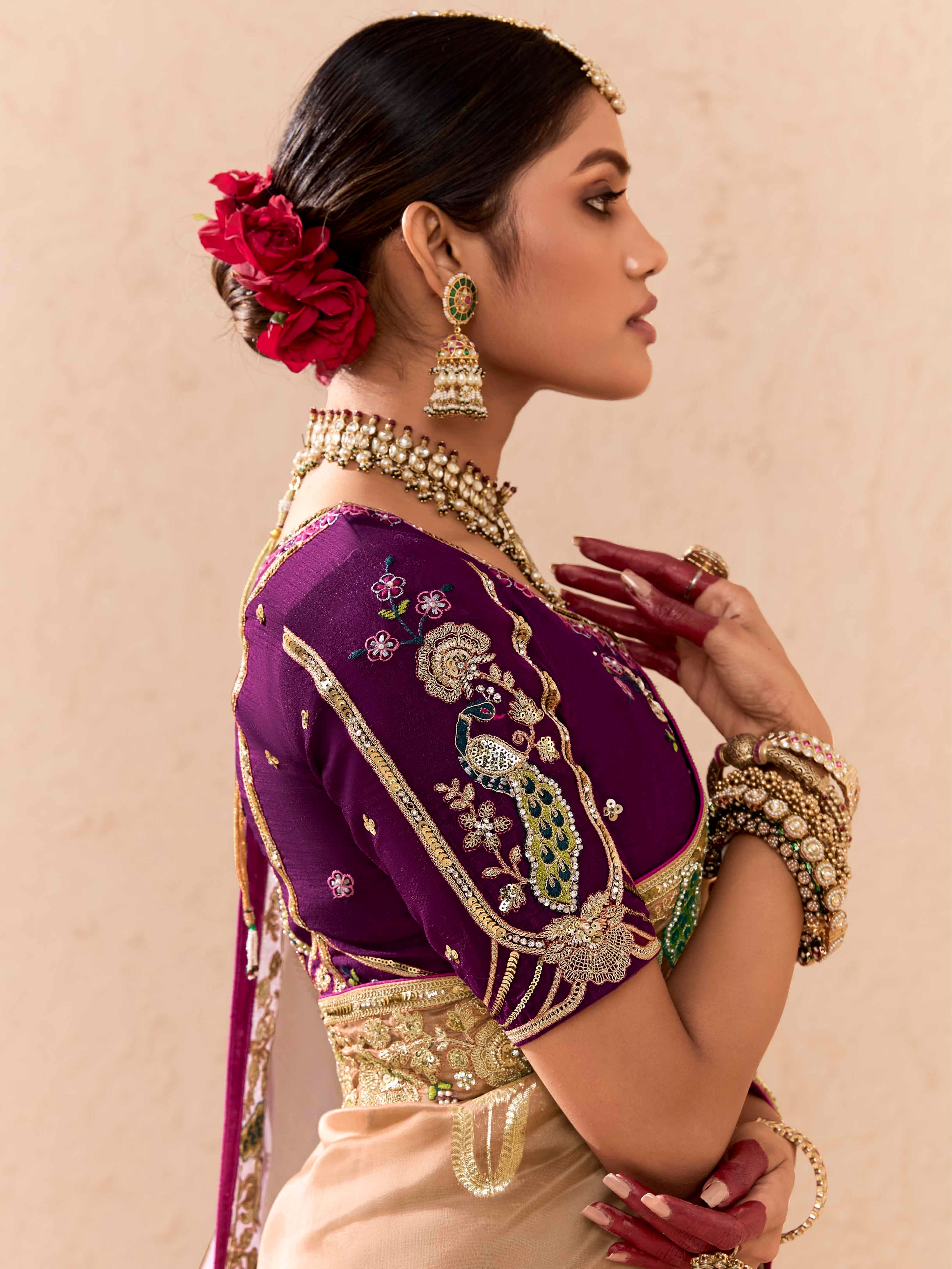 Beige &amp; Lavender Viscose Bemberg Designer Saree