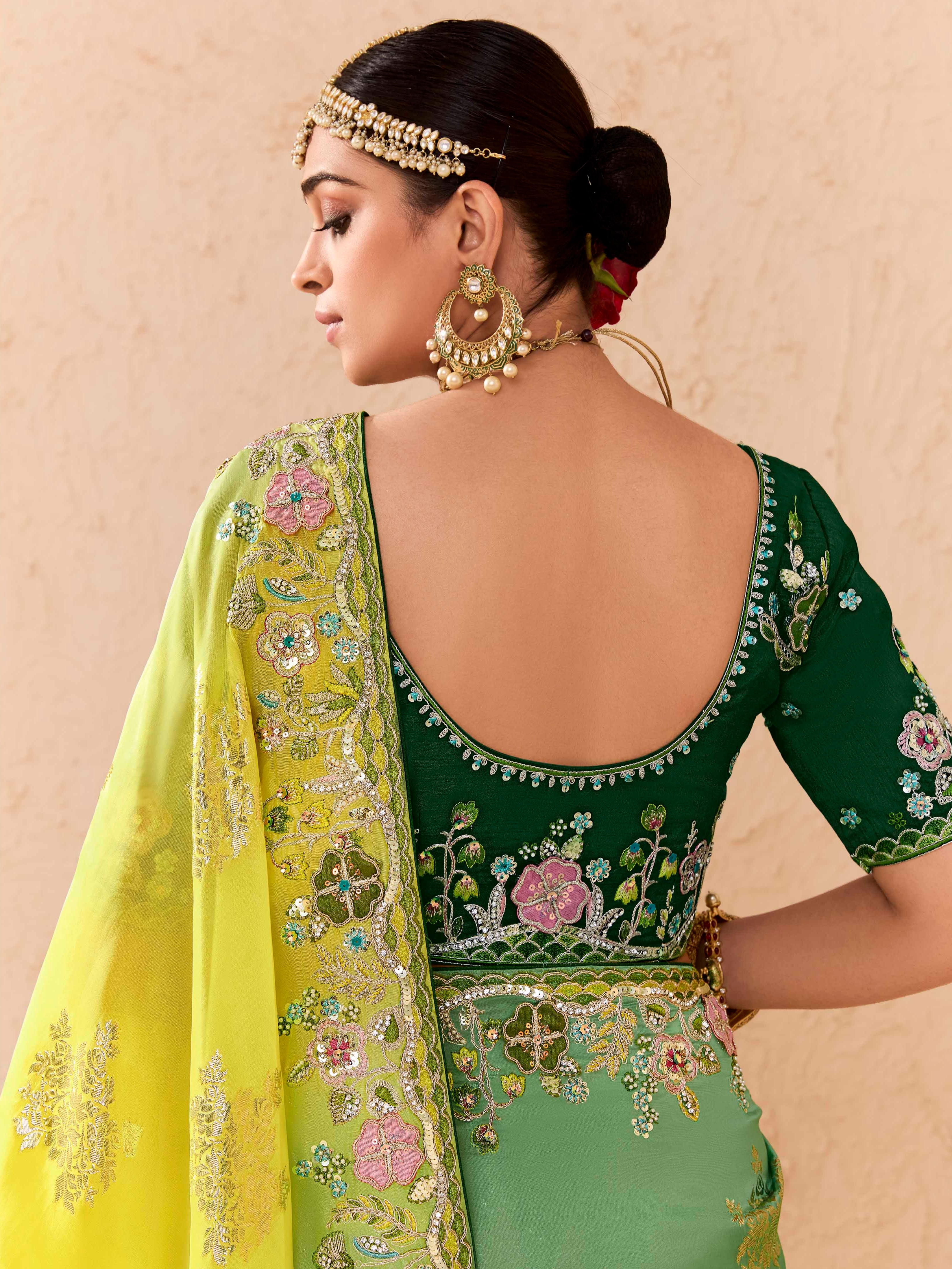 Lime Green &amp; Yellow Viscose Bemberg Designer Saree