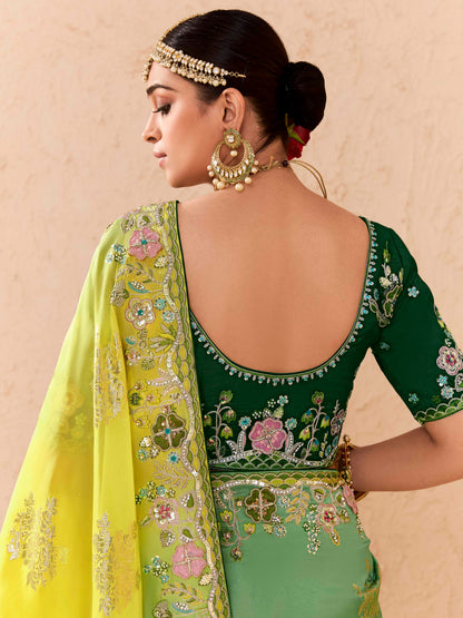 Lime Green &amp; Yellow Viscose Bemberg Designer Saree