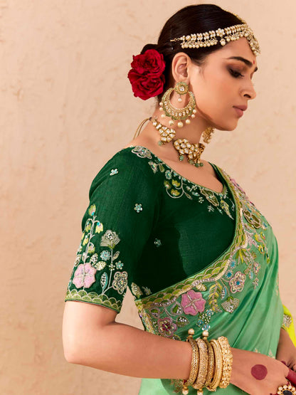 Lime Green &amp; Yellow Viscose Bemberg Designer Saree