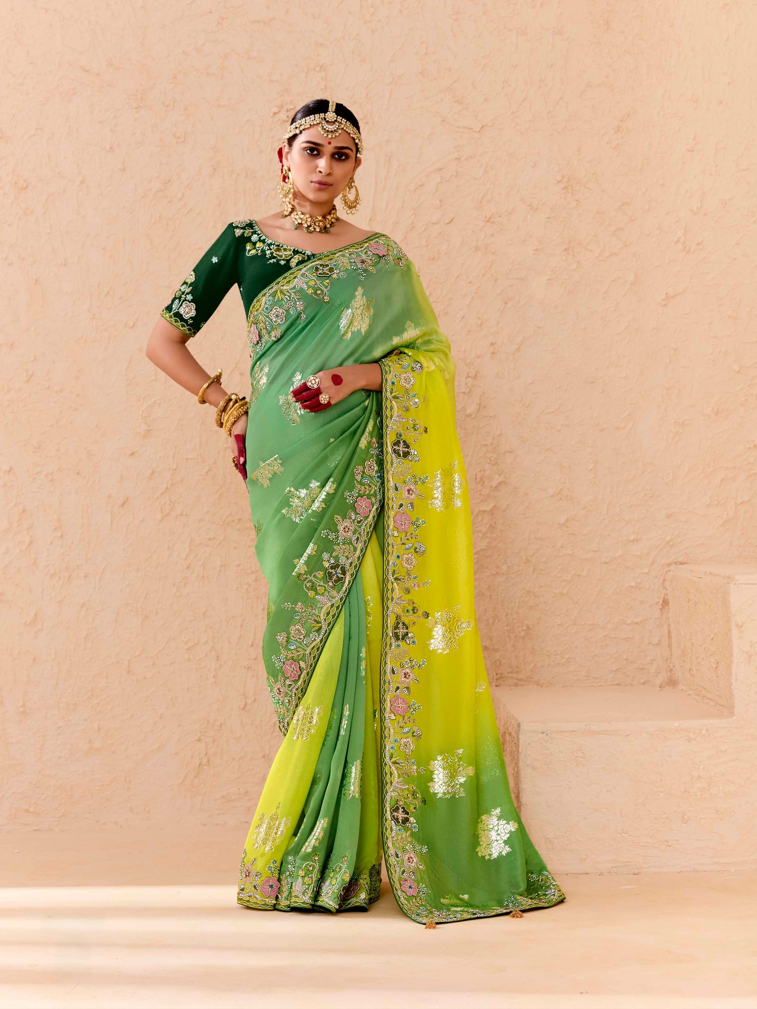 Lime Green &amp; Yellow Viscose Bemberg Designer Saree