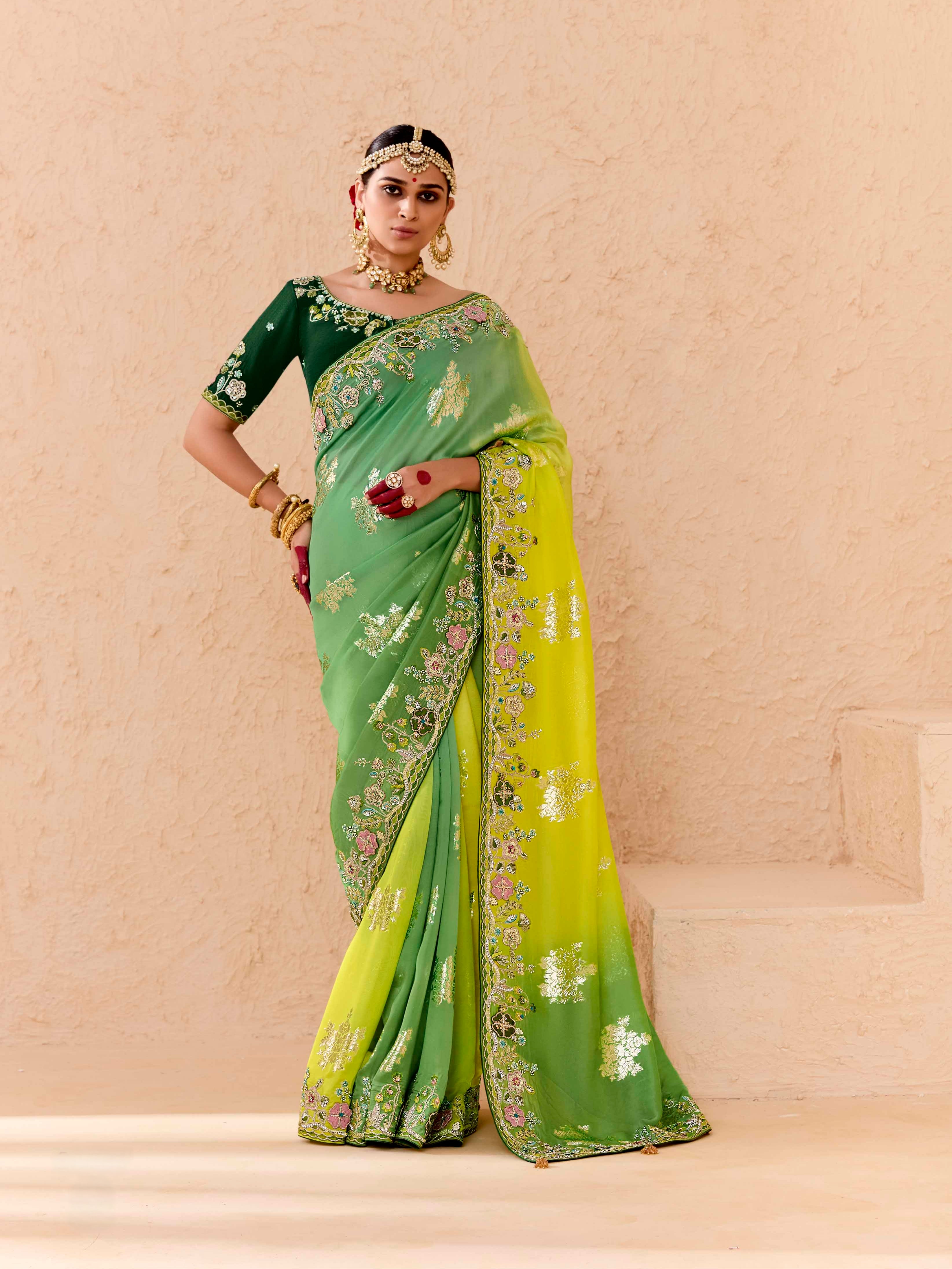 Lime Green &amp; Yellow Viscose Bemberg Designer Saree