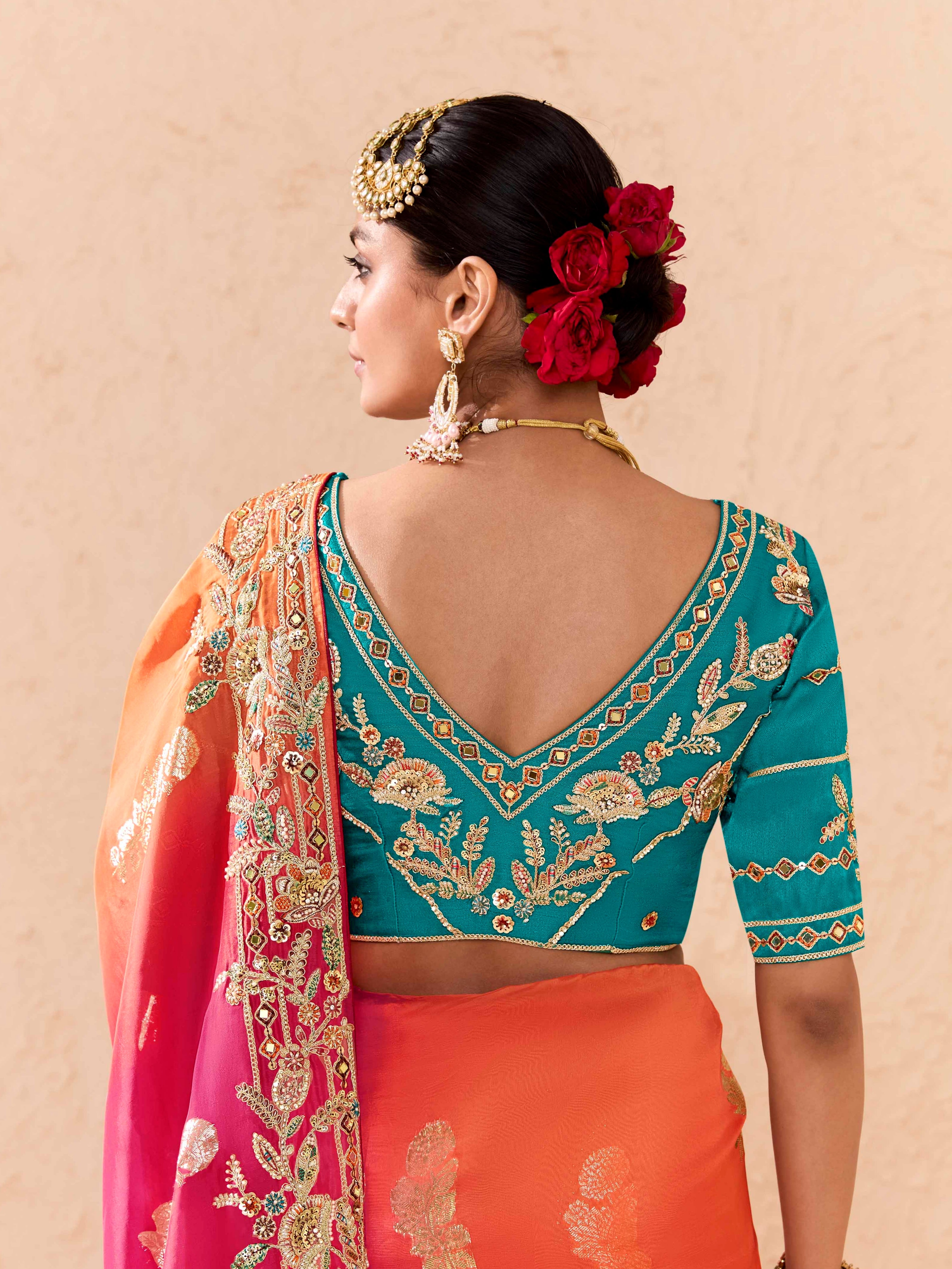 Bright Pink &amp; Blue Viscose Bemberg Designer Saree