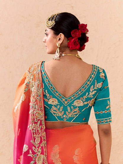 Bright Pink &amp; Blue Viscose Bemberg Designer Saree