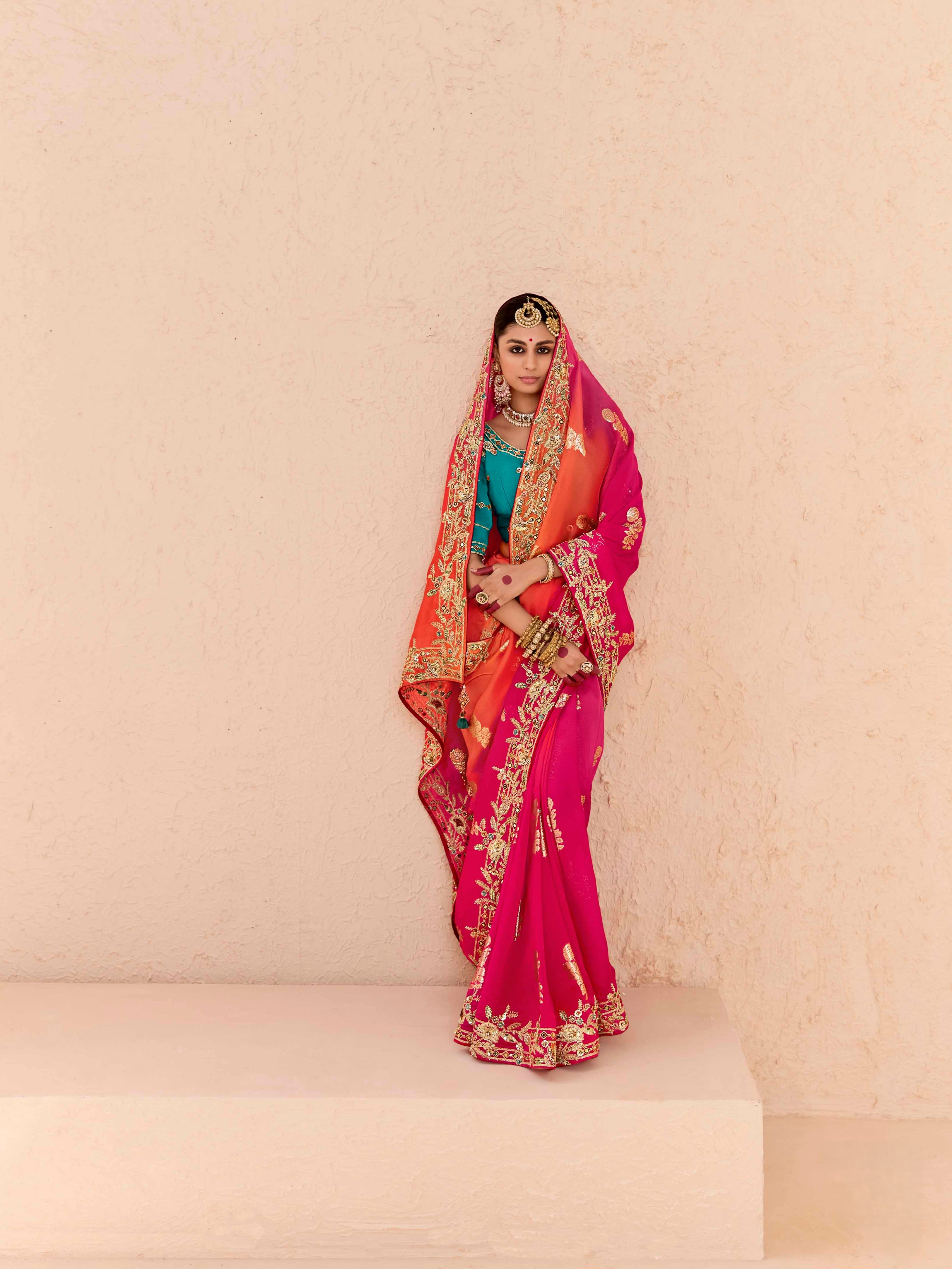 Bright Pink &amp; Blue Viscose Bemberg Designer Saree
