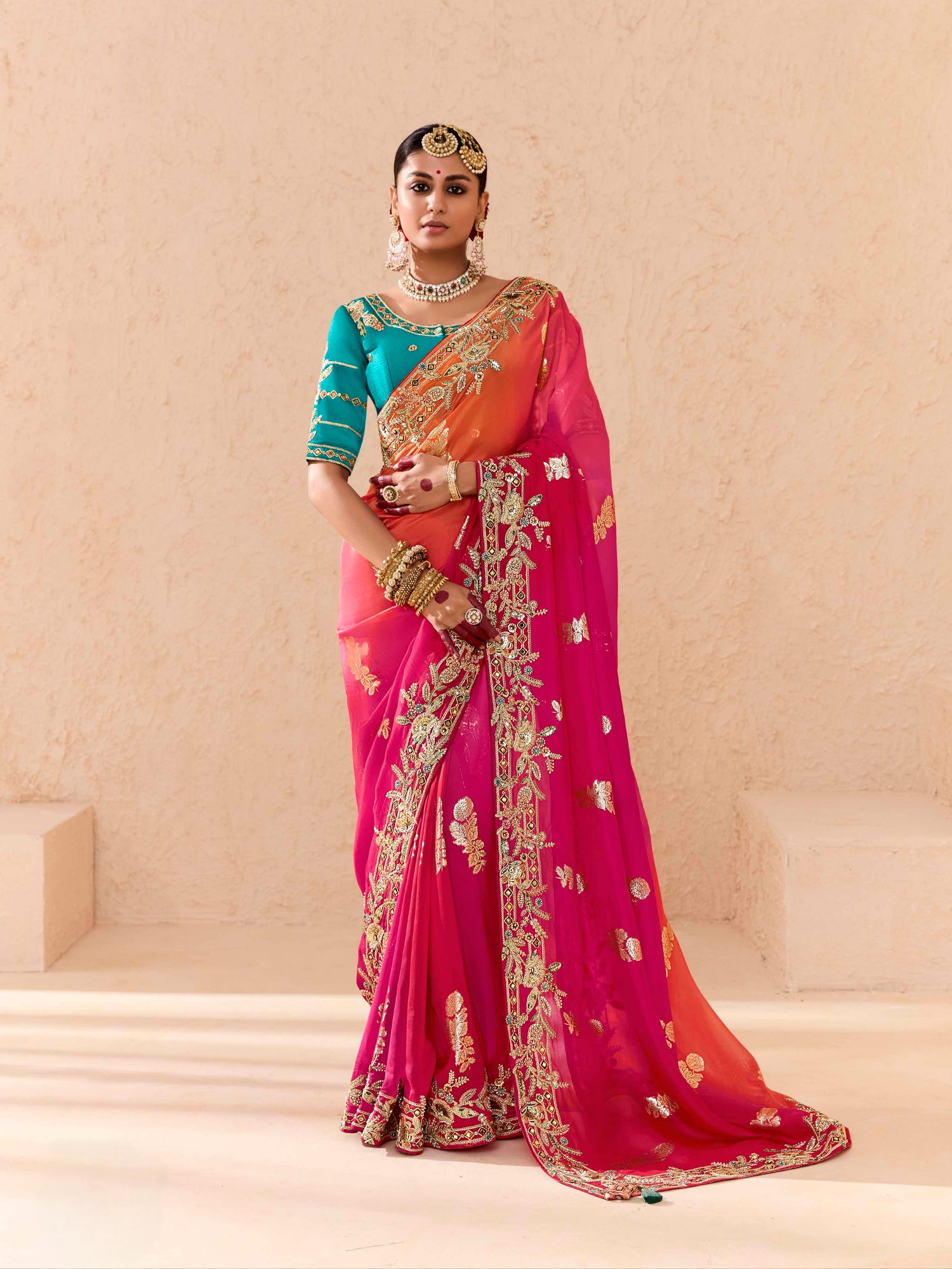 Bright Pink &amp; Blue Viscose Bemberg Designer Saree