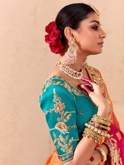 Bright Pink &amp; Blue Viscose Bemberg Designer Saree