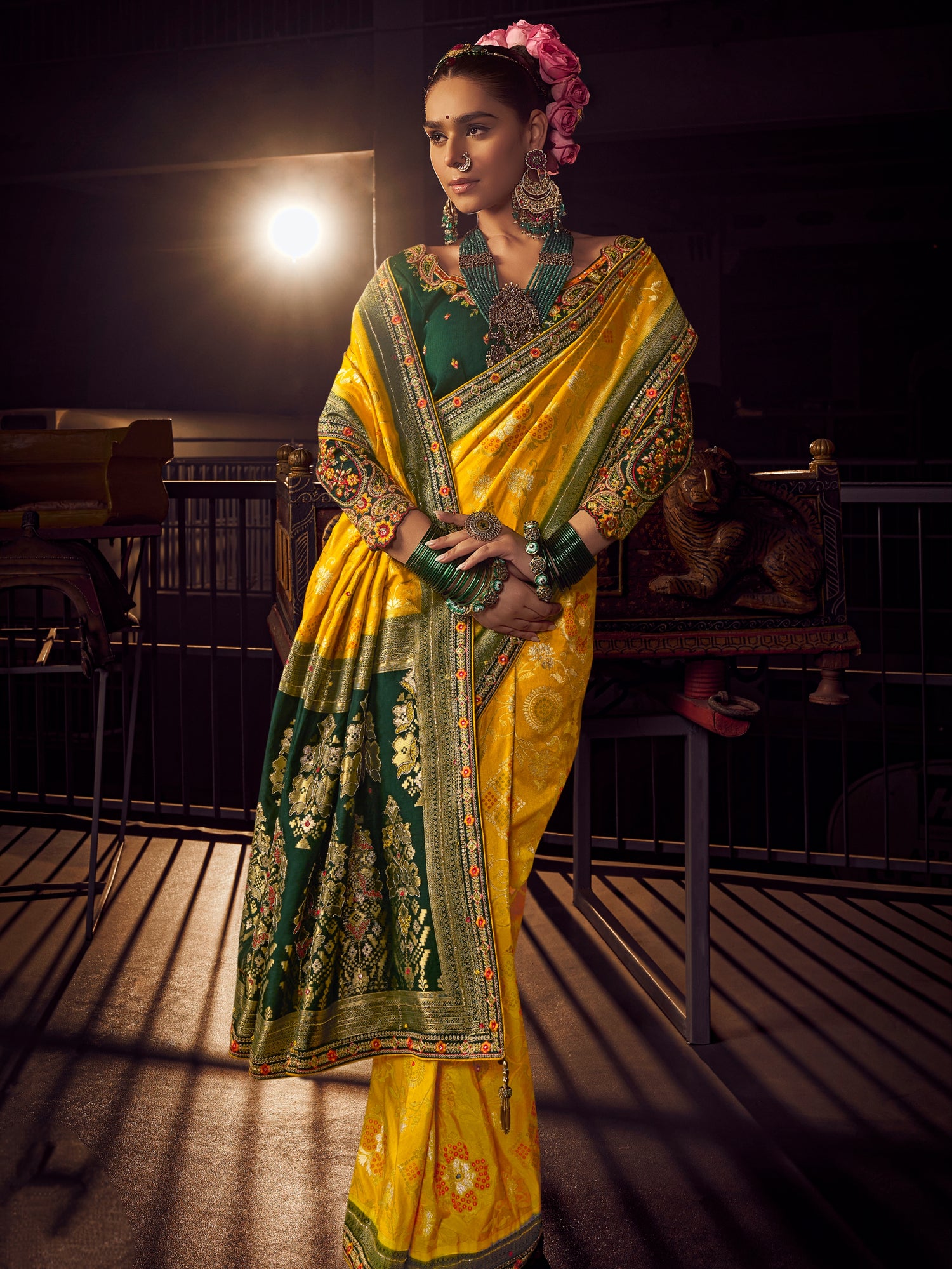 Mustard Yellow &amp; Green Pure Viscose Dola Banarasi Saree