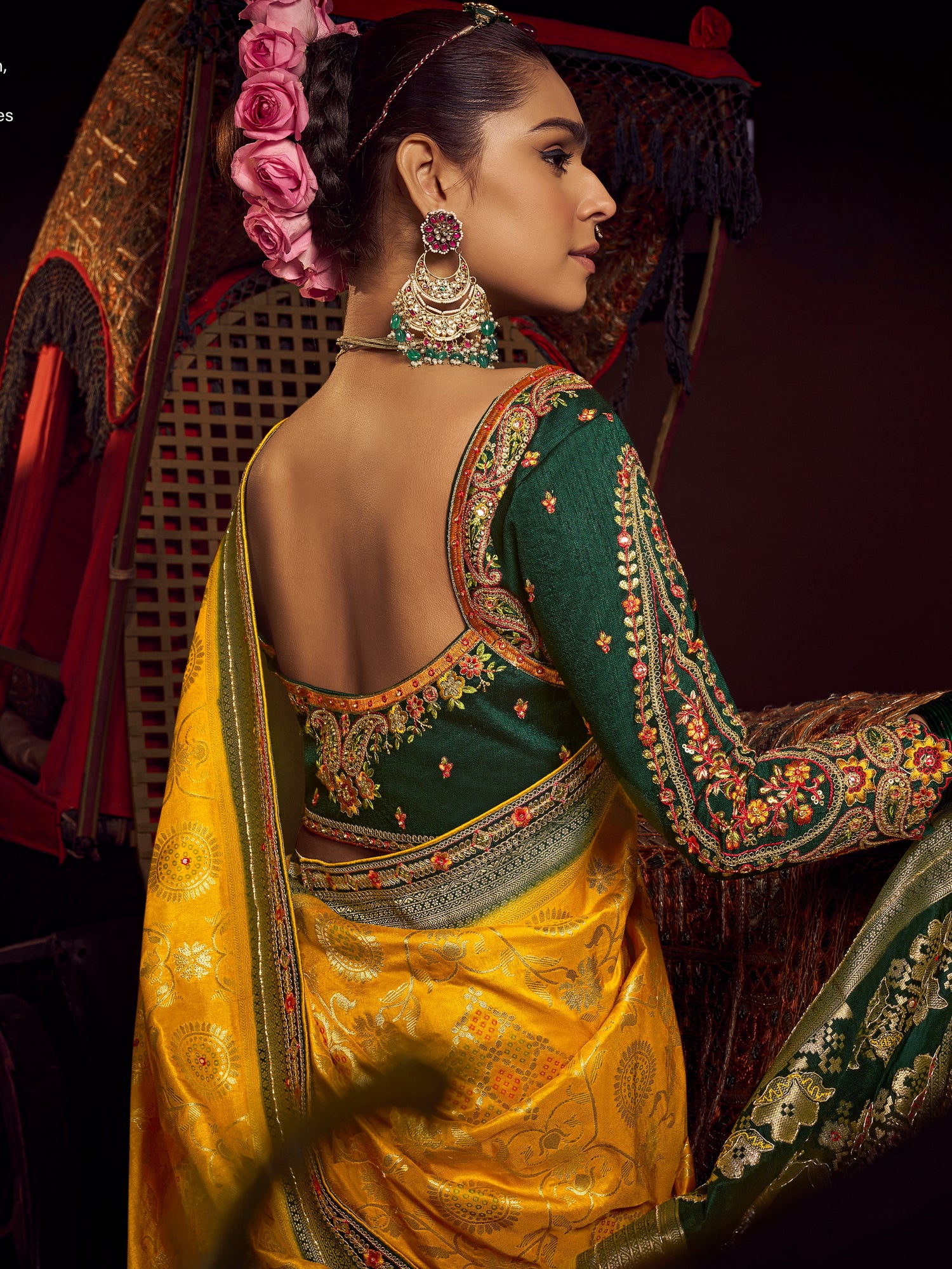 Mustard Yellow &amp; Green Pure Viscose Dola Banarasi Saree
