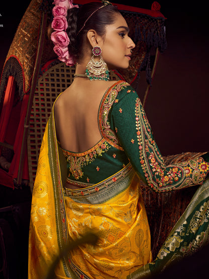 Mustard Yellow &amp; Green Pure Viscose Dola Banarasi Saree