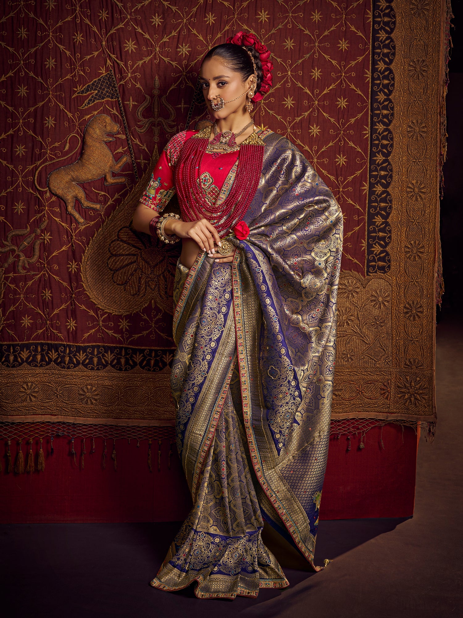 Grey &amp; Red Pure Viscose Dola Banarasi Saree 