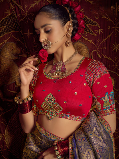 Grey &amp; Red Pure Viscose Dola Banarasi Saree 
