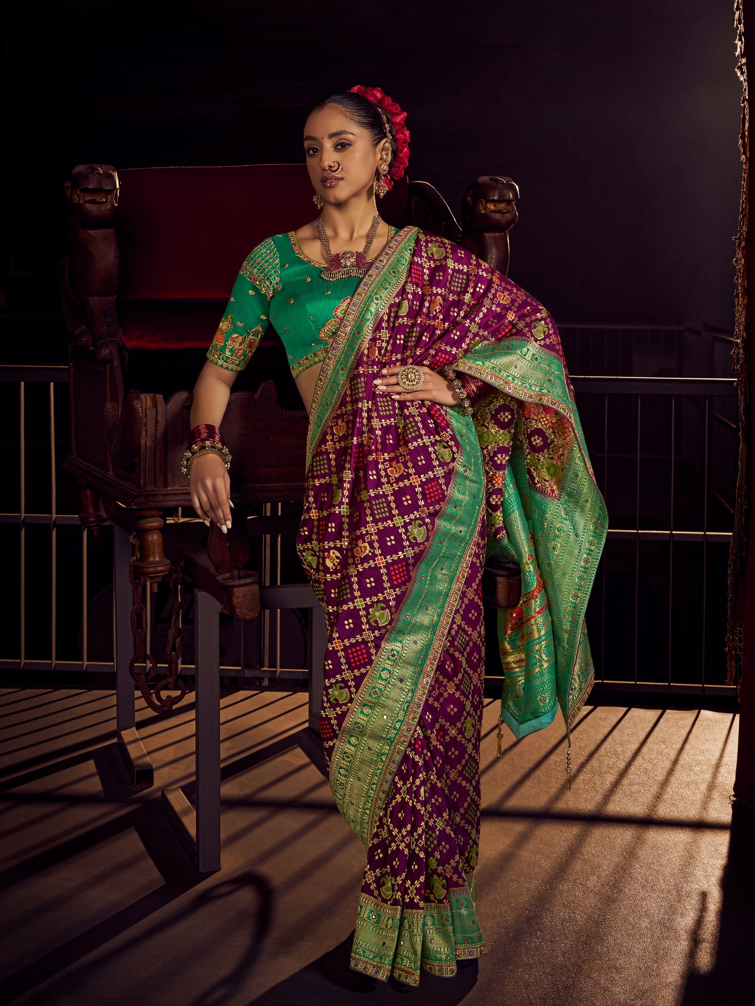 Deep Maroon &amp; Green Pure Viscose Dola Banarasi Saree