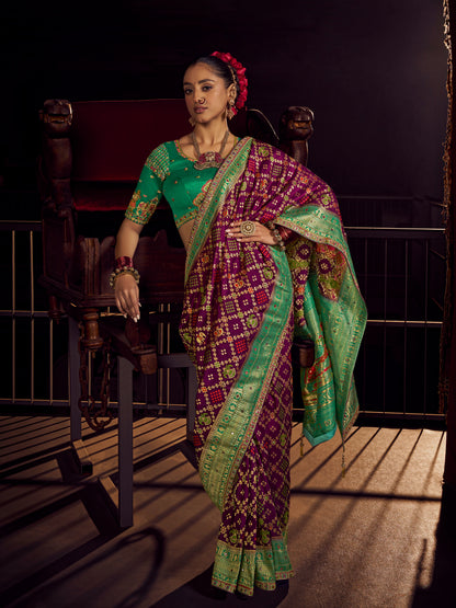 Deep Maroon &amp; Green Pure Viscose Dola Banarasi Saree