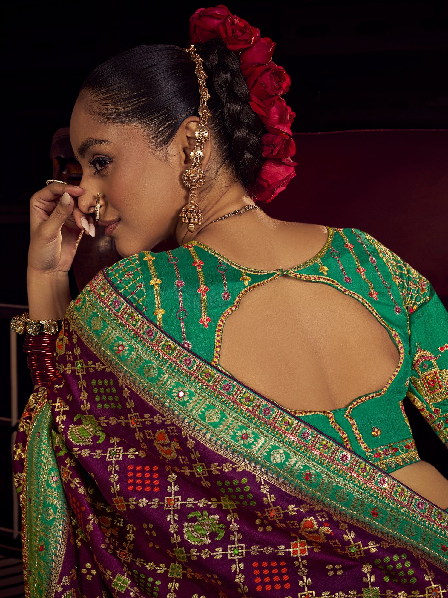 Deep Maroon &amp; Green Pure Viscose Dola Banarasi Saree