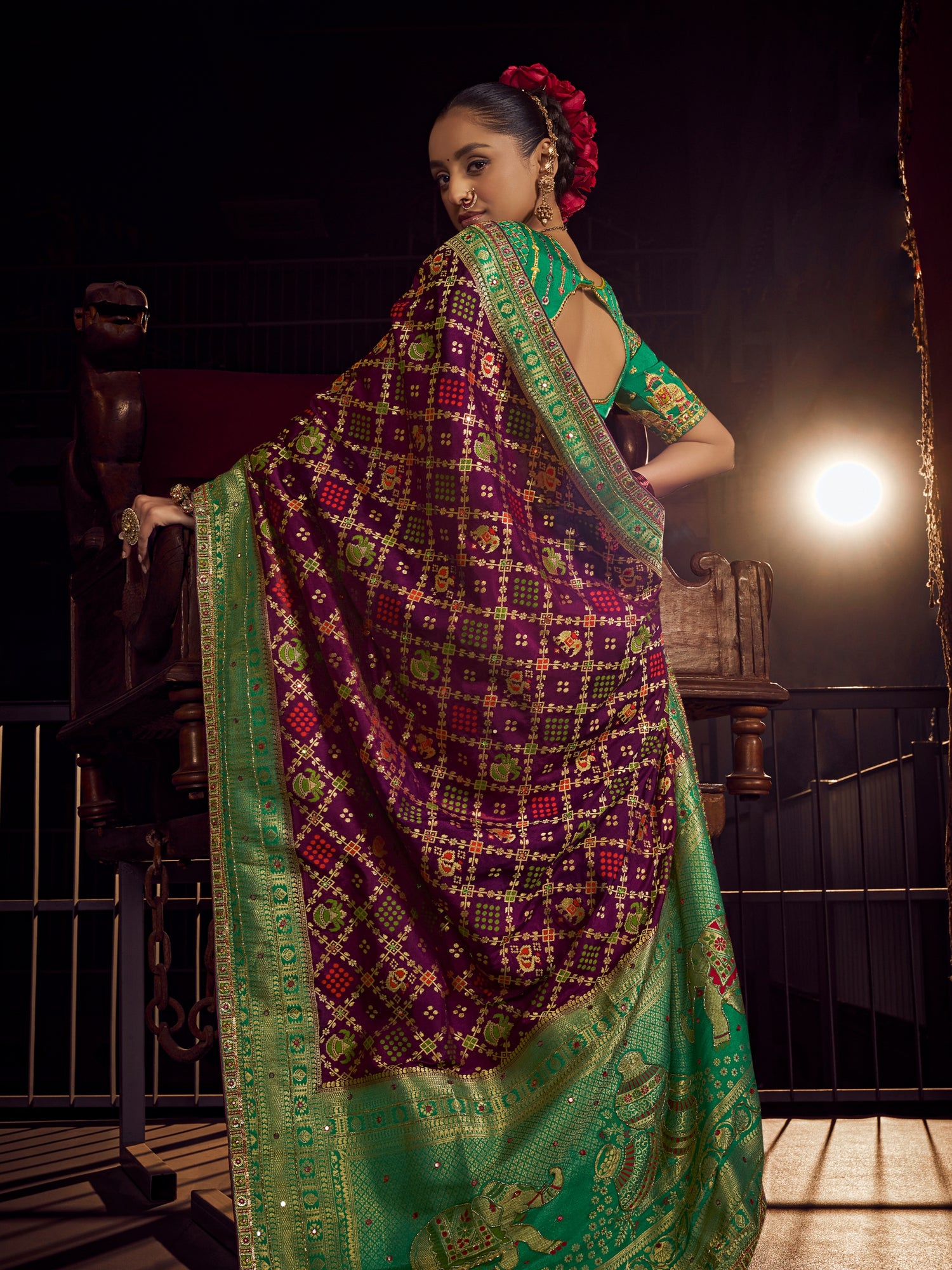 Deep Maroon &amp; Green Pure Viscose Dola Banarasi Saree