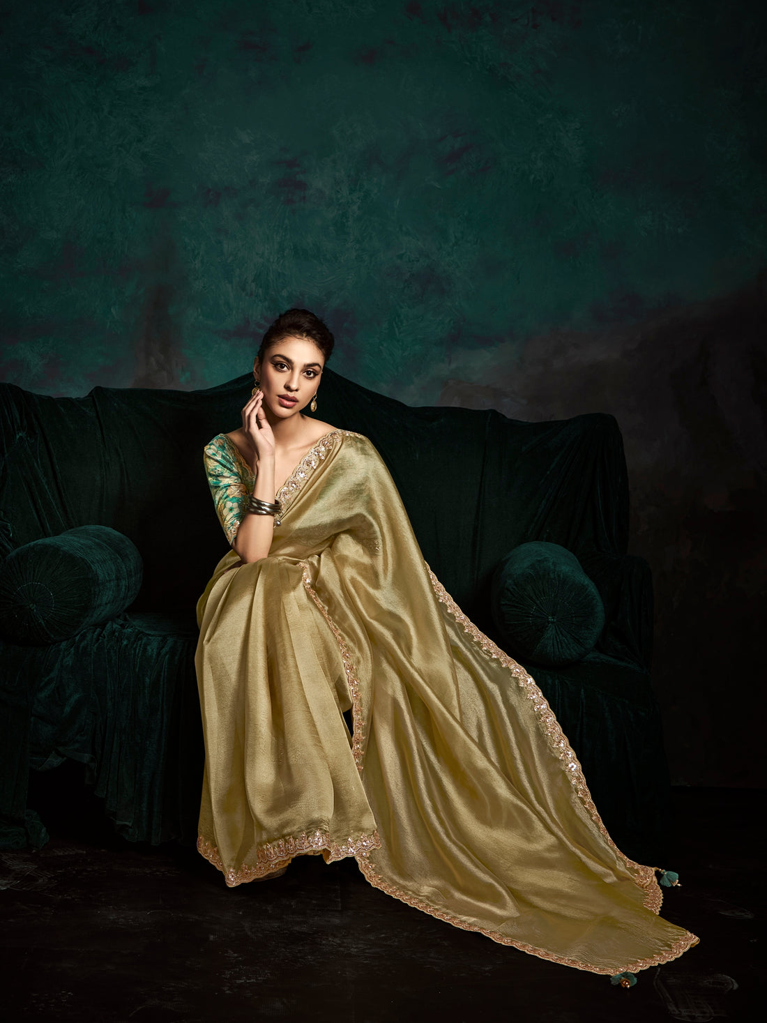 Olive Green Designer Saree with Sequins &amp; Thread Embroidery