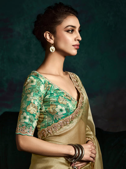Olive Green Designer Saree with Sequins &amp; Thread Embroidery