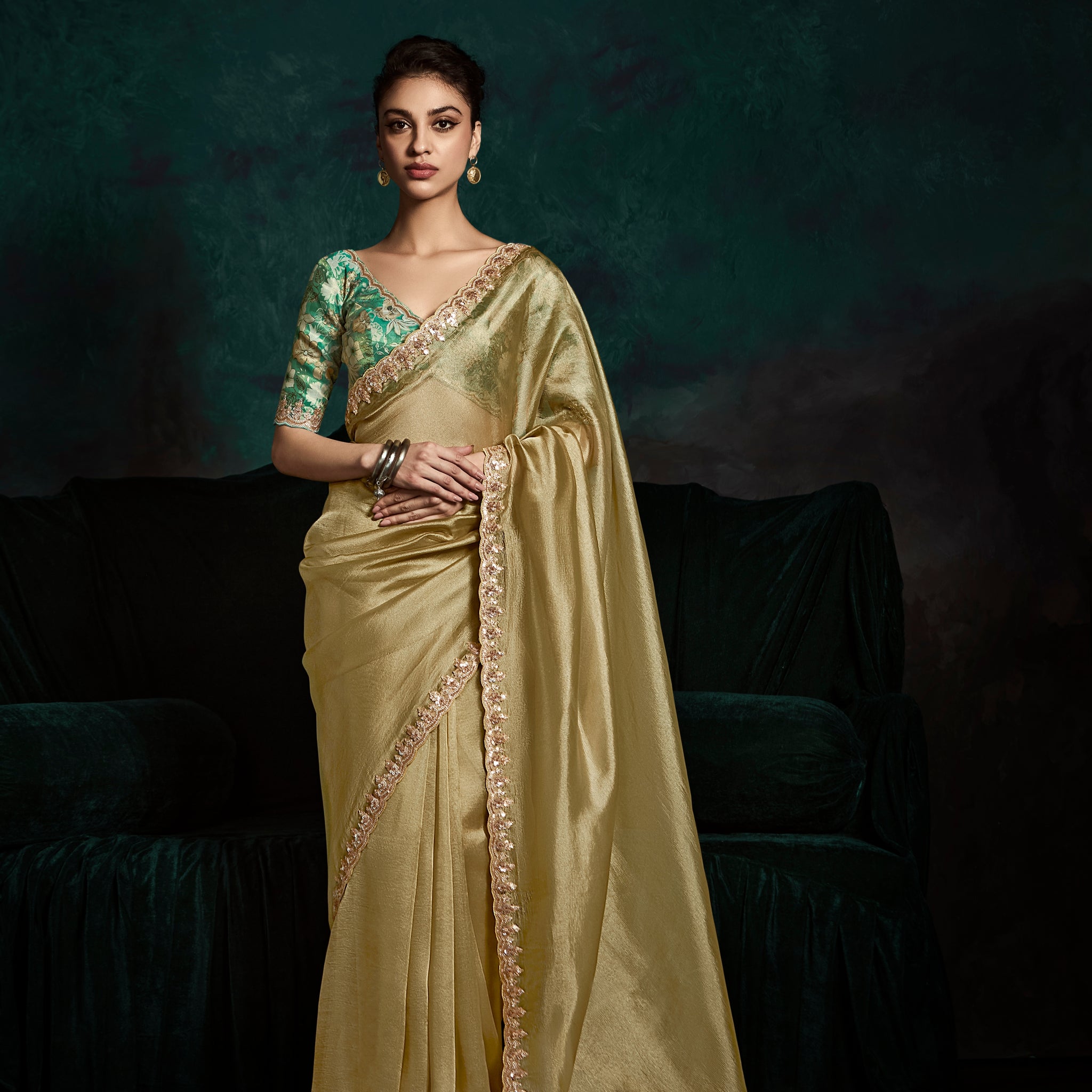 Olive Green Designer Saree with Sequins & Thread Embroidery