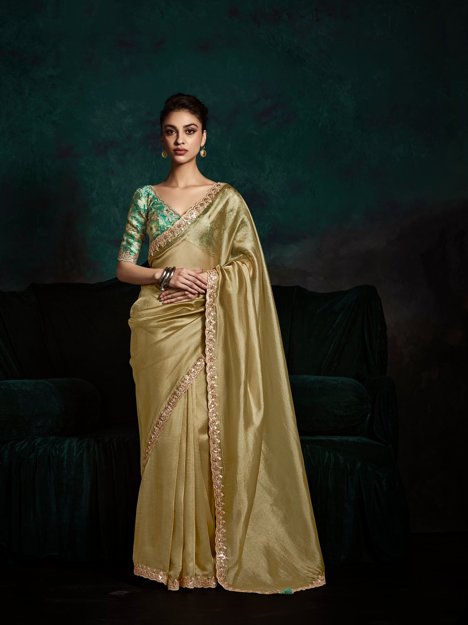 Olive Green Designer Saree with Sequins &amp; Thread Embroidery