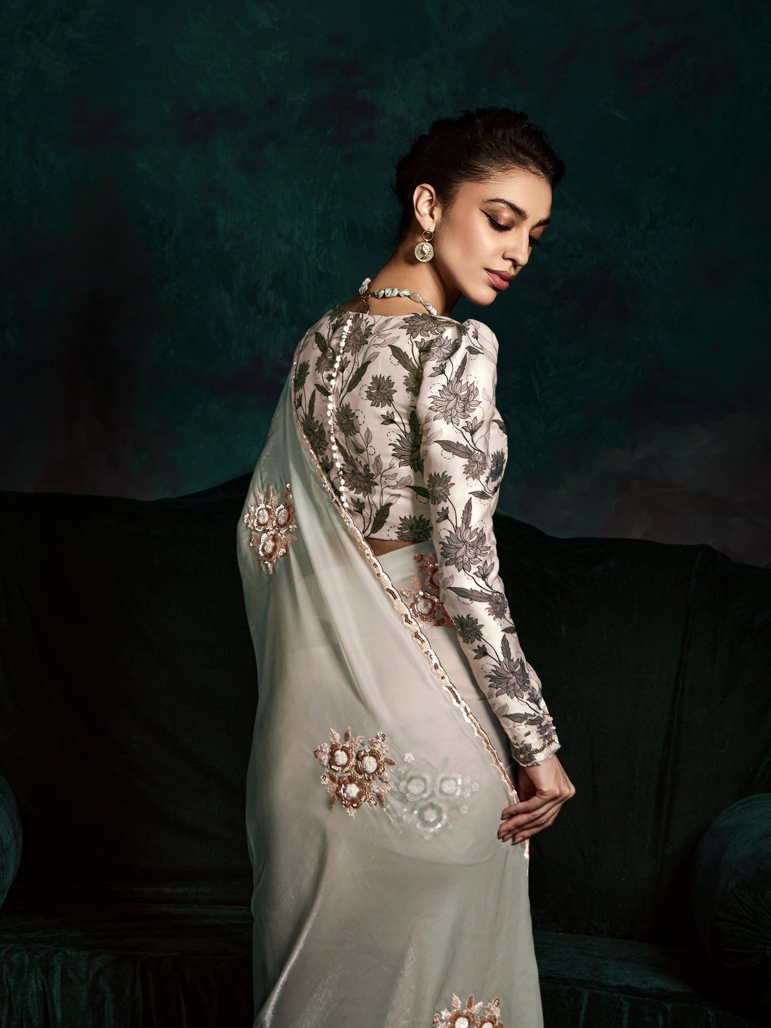 Grey &amp; Dark Green Designer Saree with Sequins &amp; Thread Work