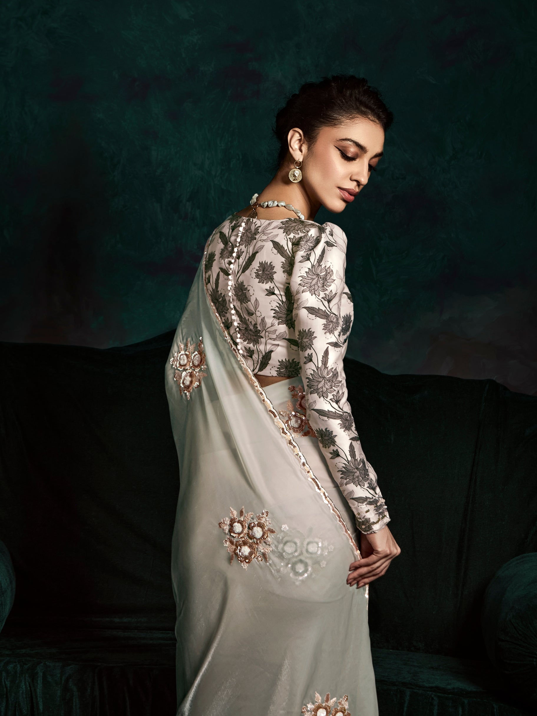 Grey &amp; Dark Green Designer Saree with Sequins &amp; Thread Work