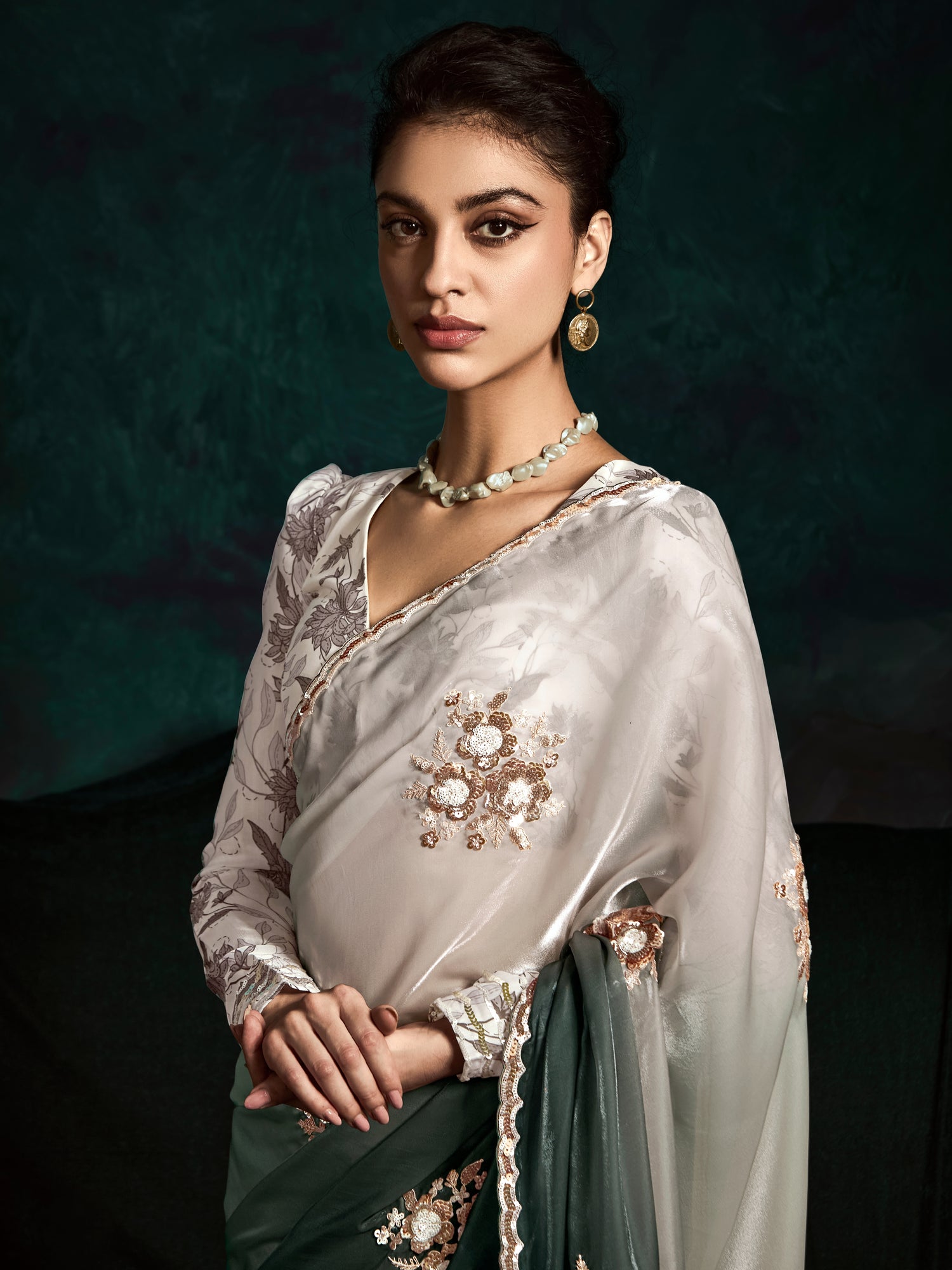 Grey &amp; Dark Green Designer Saree with Sequins &amp; Thread Work