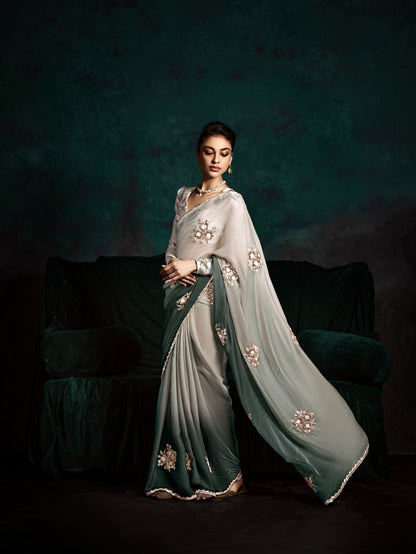 Grey &amp; Dark Green Designer Saree with Sequins &amp; Thread Work