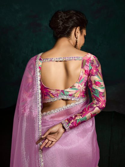 Lilac Pink Designer Saree with Sequin &amp; Thread Work