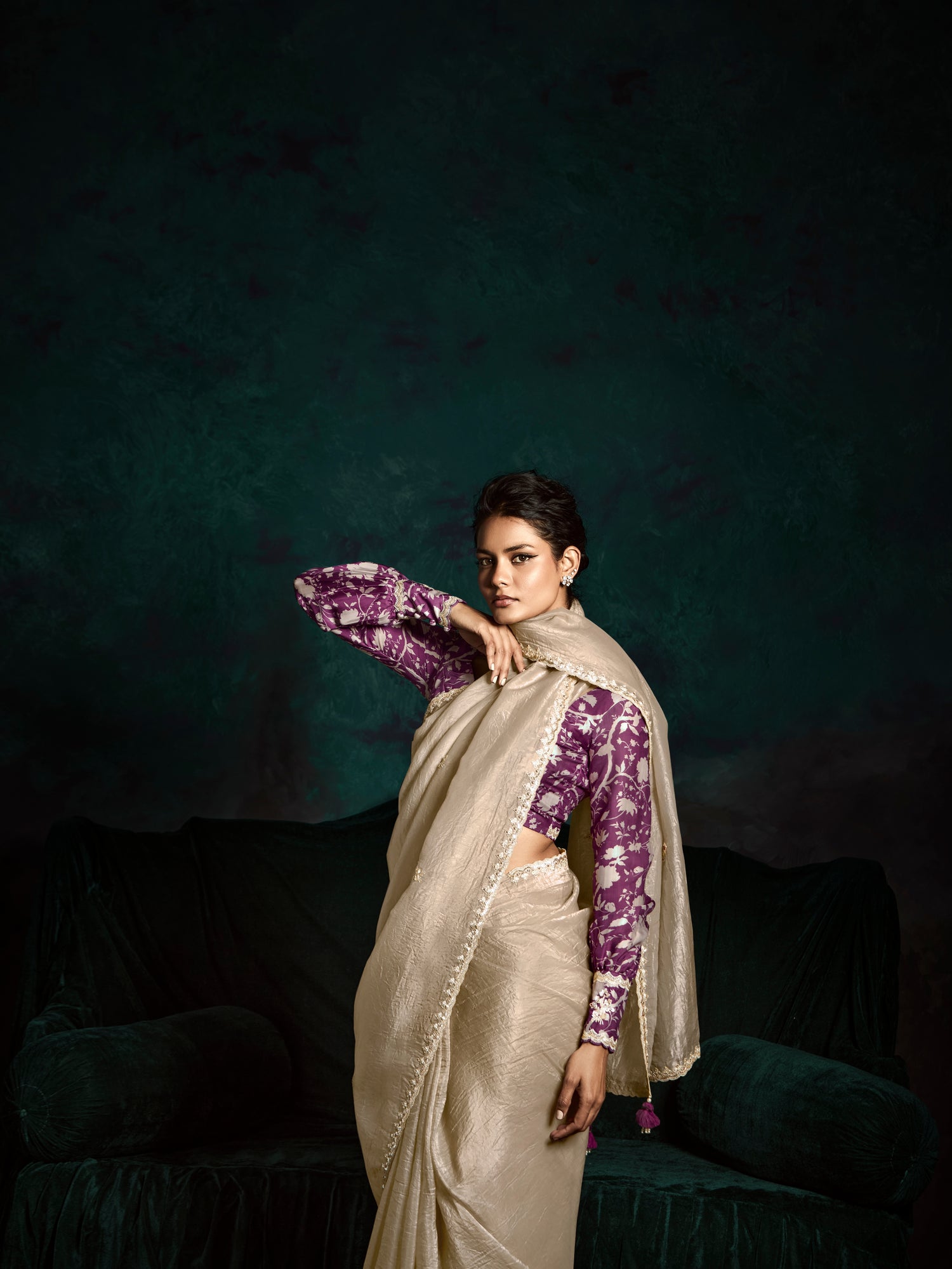 Beige Designer Saree with Sequin &amp; Thread Embroidery