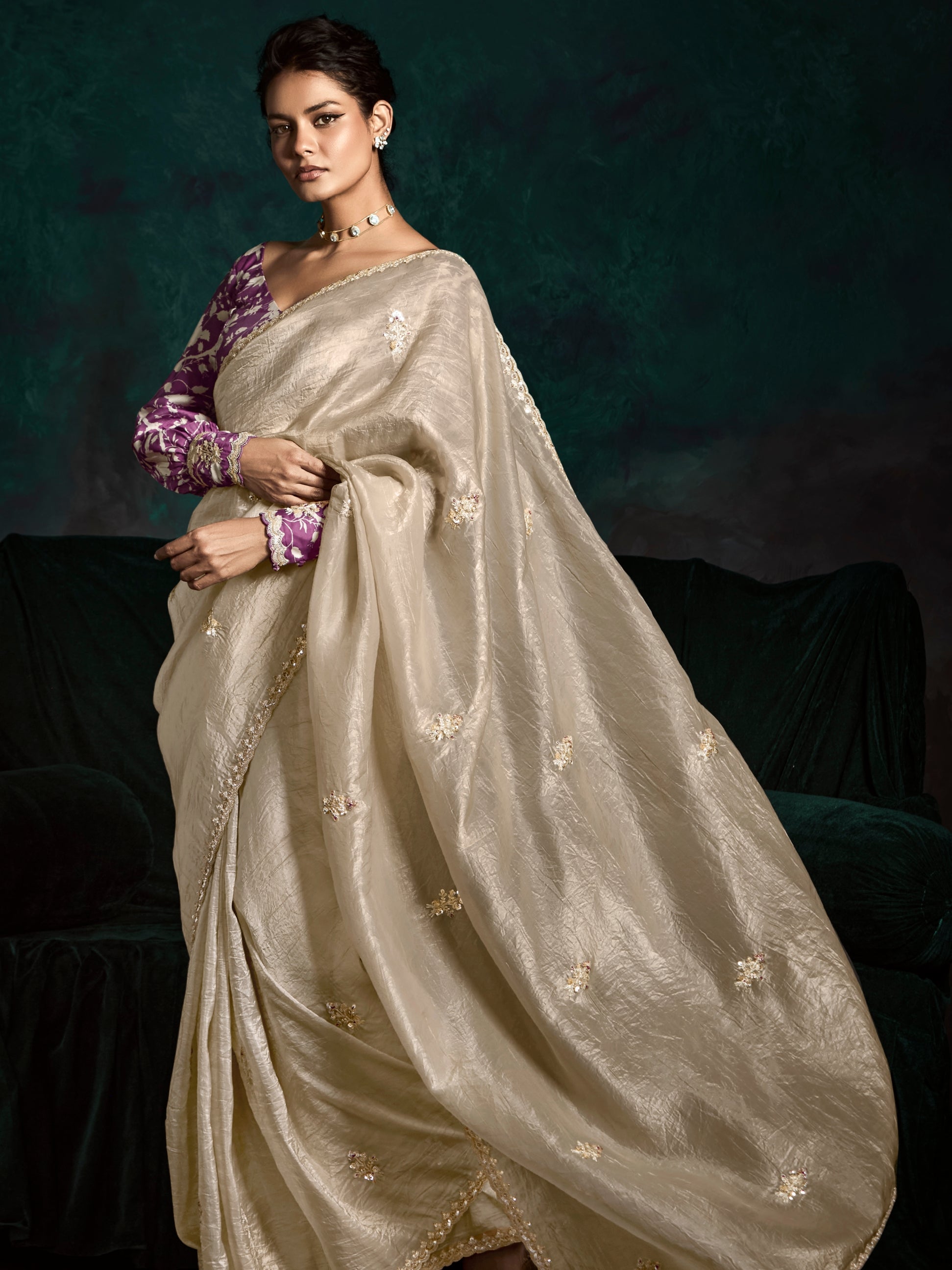 Beige Designer Saree with Sequin &amp; Thread Embroidery