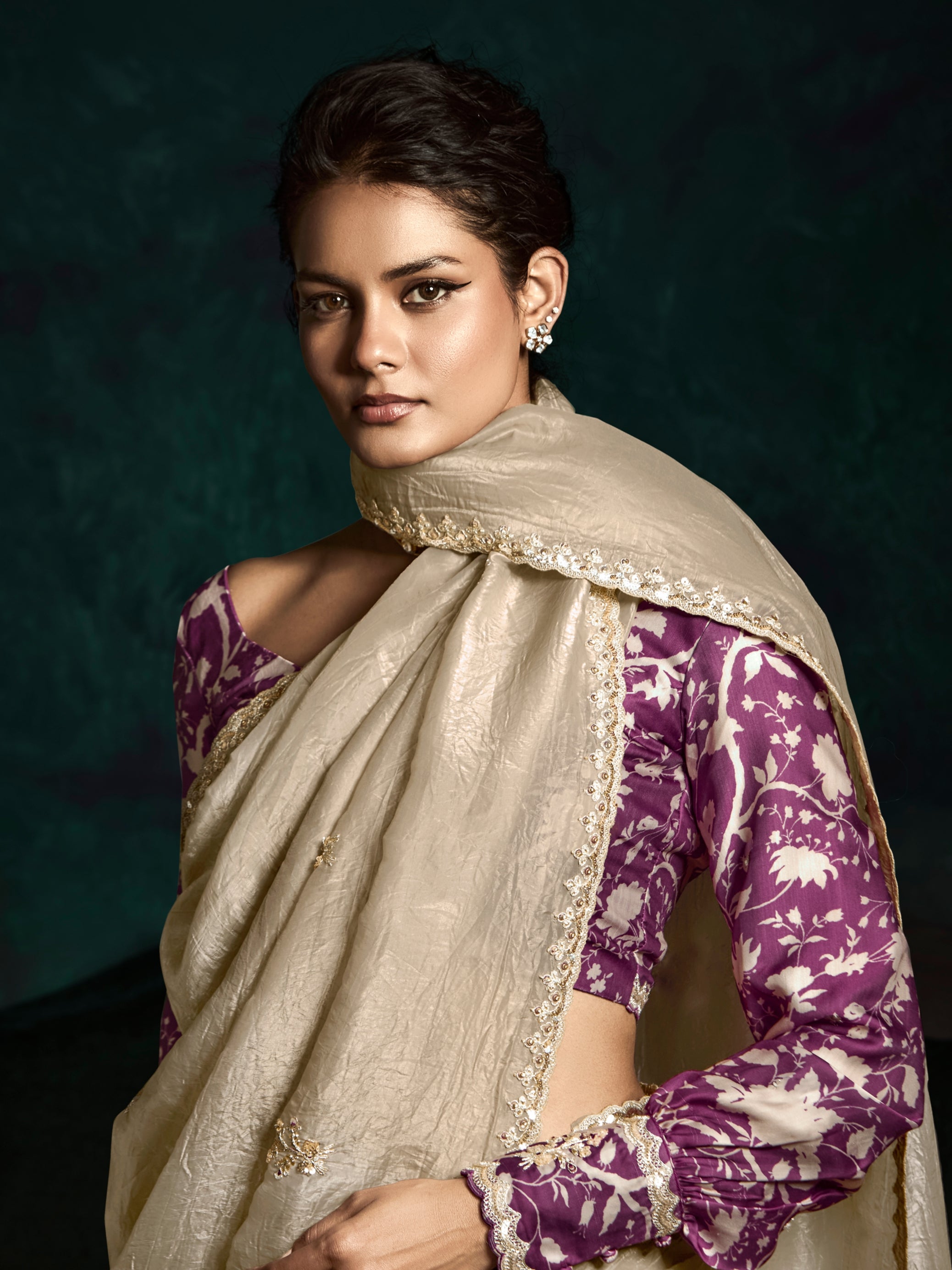 Beige Designer Saree with Sequin &amp; Thread Embroidery