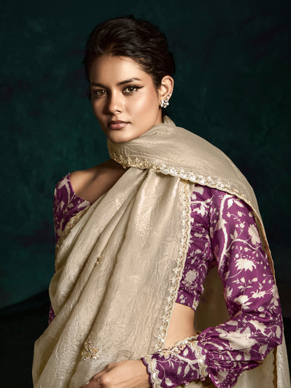 Beige Designer Saree with Sequin &amp; Thread Embroidery