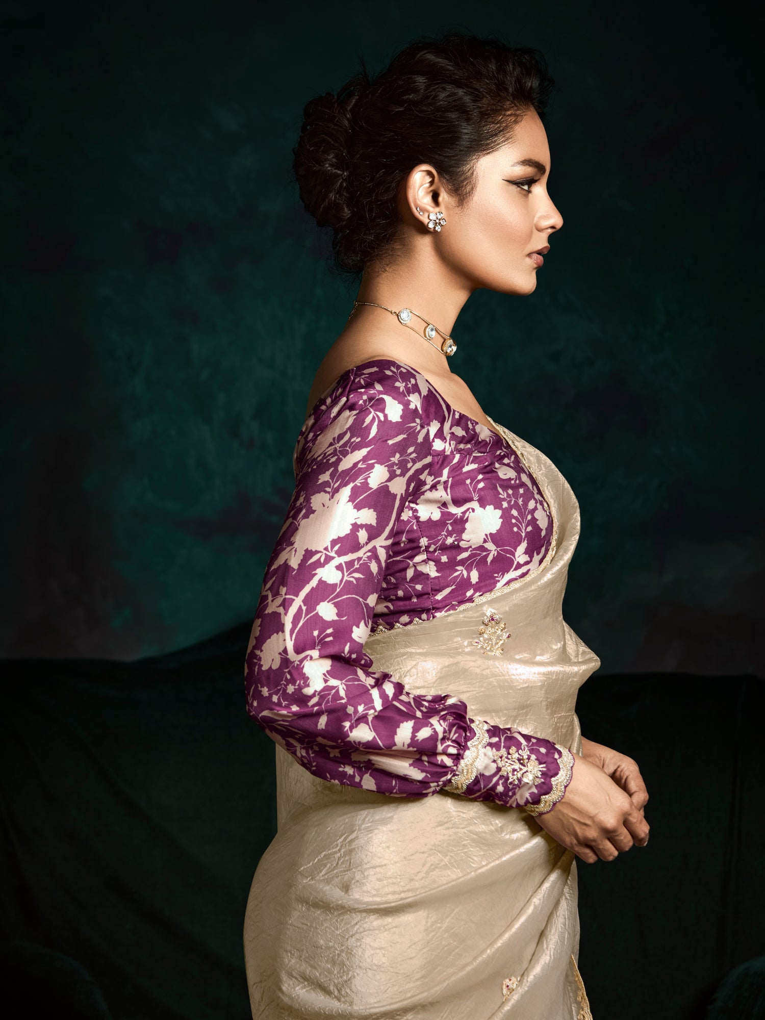 Beige Designer Saree with Sequin &amp; Thread Embroidery
