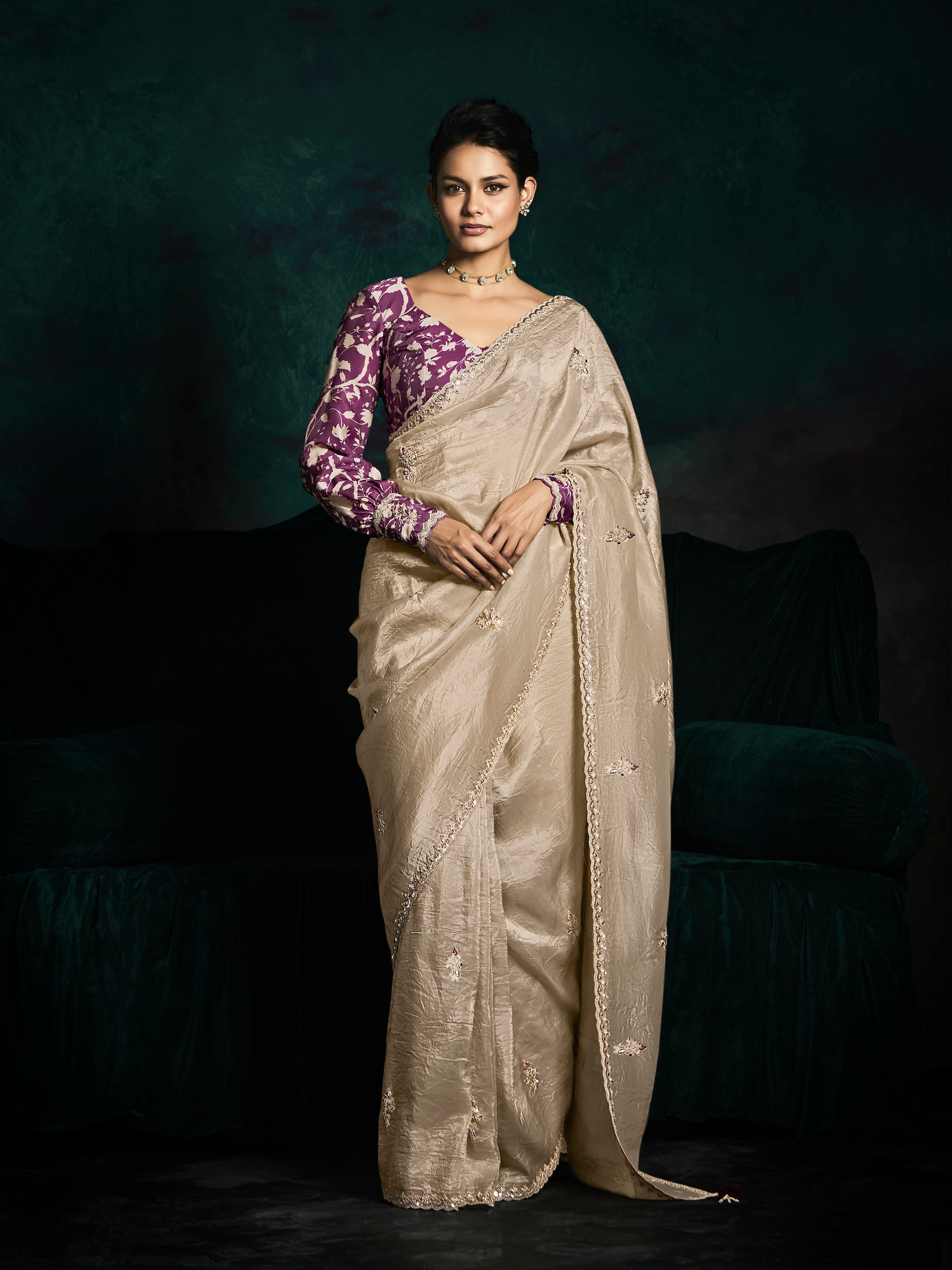 Beige Designer Saree with Sequin &amp; Thread Embroidery