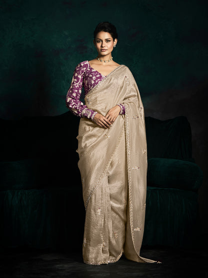 Beige Designer Saree with Sequin &amp; Thread Embroidery