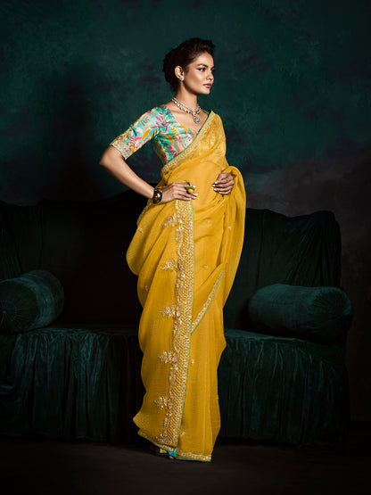 Yellow Designer Saree with Sequin &amp; Thread Embroidery
