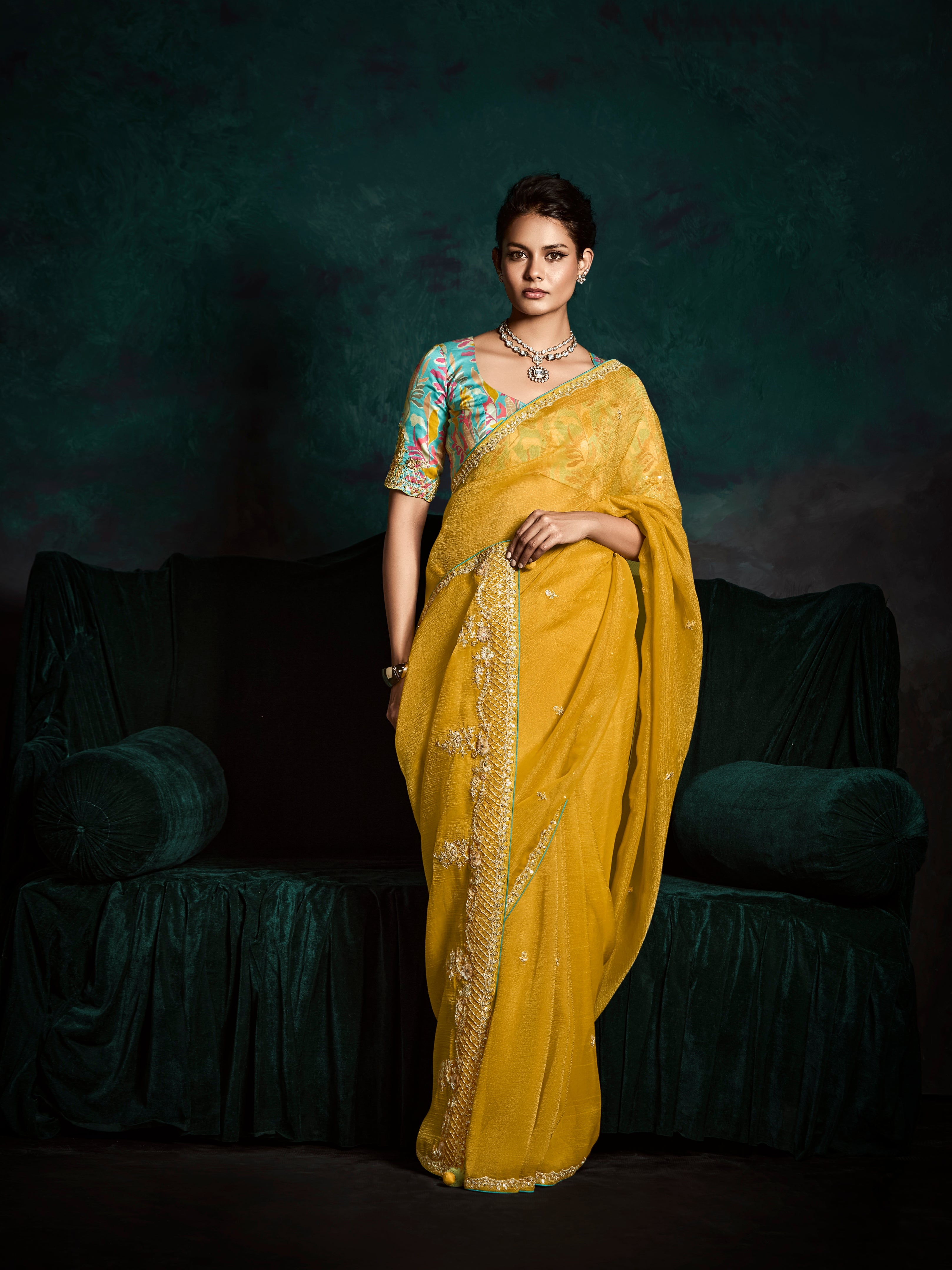 Yellow Designer Saree with Sequin &amp; Thread Embroidery
