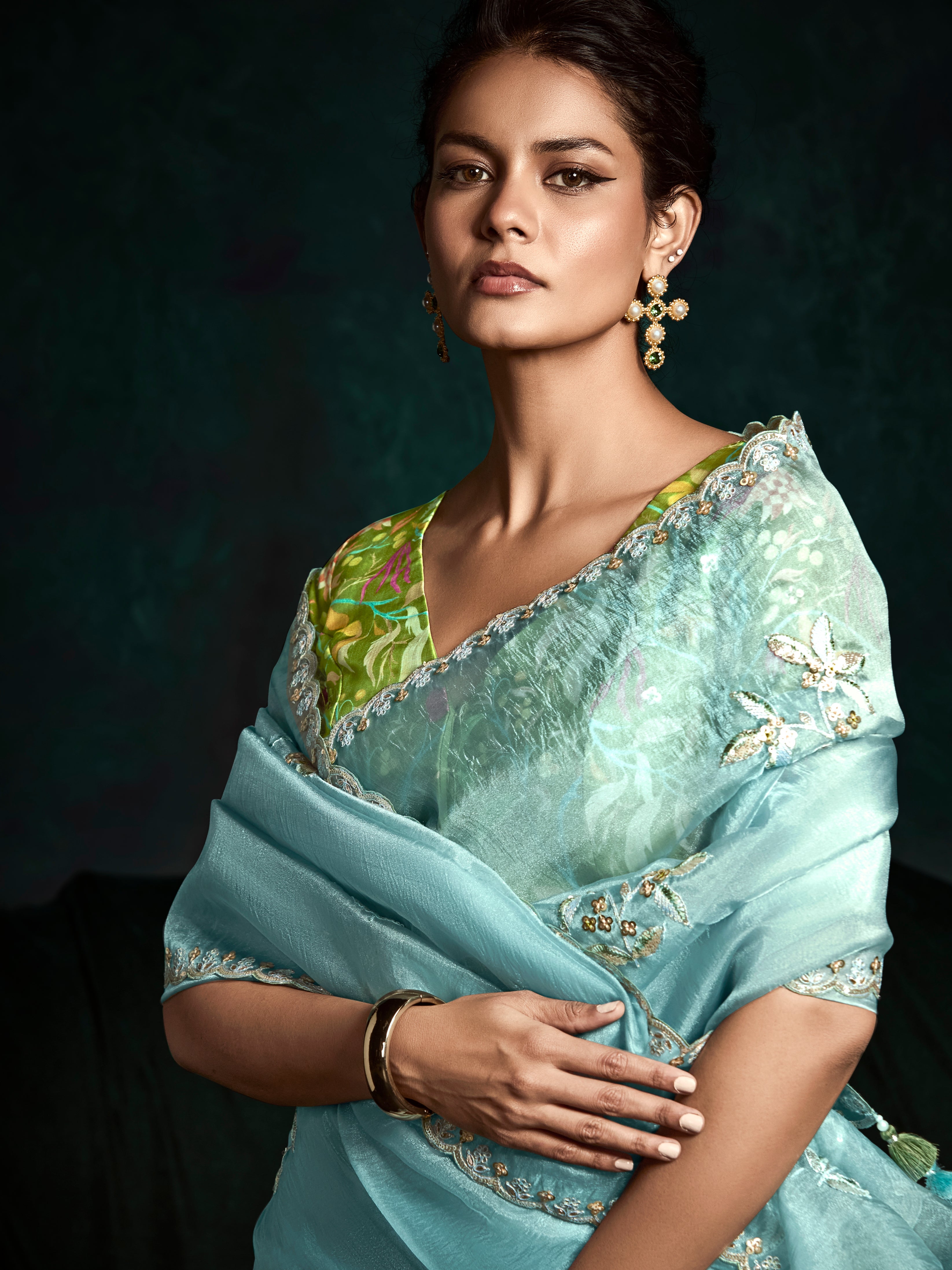 Sky Blue Designer Saree with Sequin &amp; Thread Embroidery