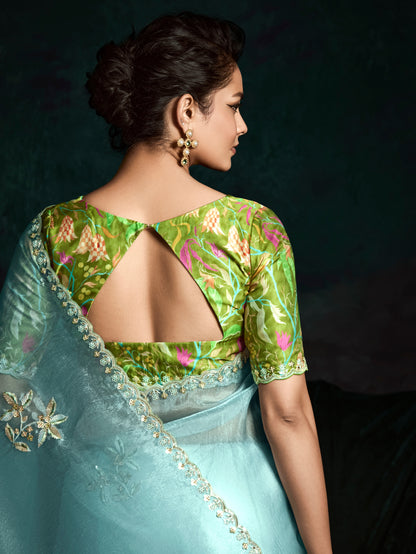 Sky Blue Designer Saree with Sequin &amp; Thread Embroidery