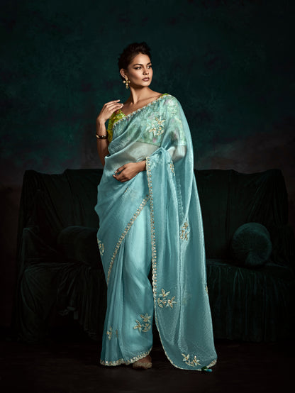 Sky Blue Designer Saree with Sequin &amp; Thread Embroidery