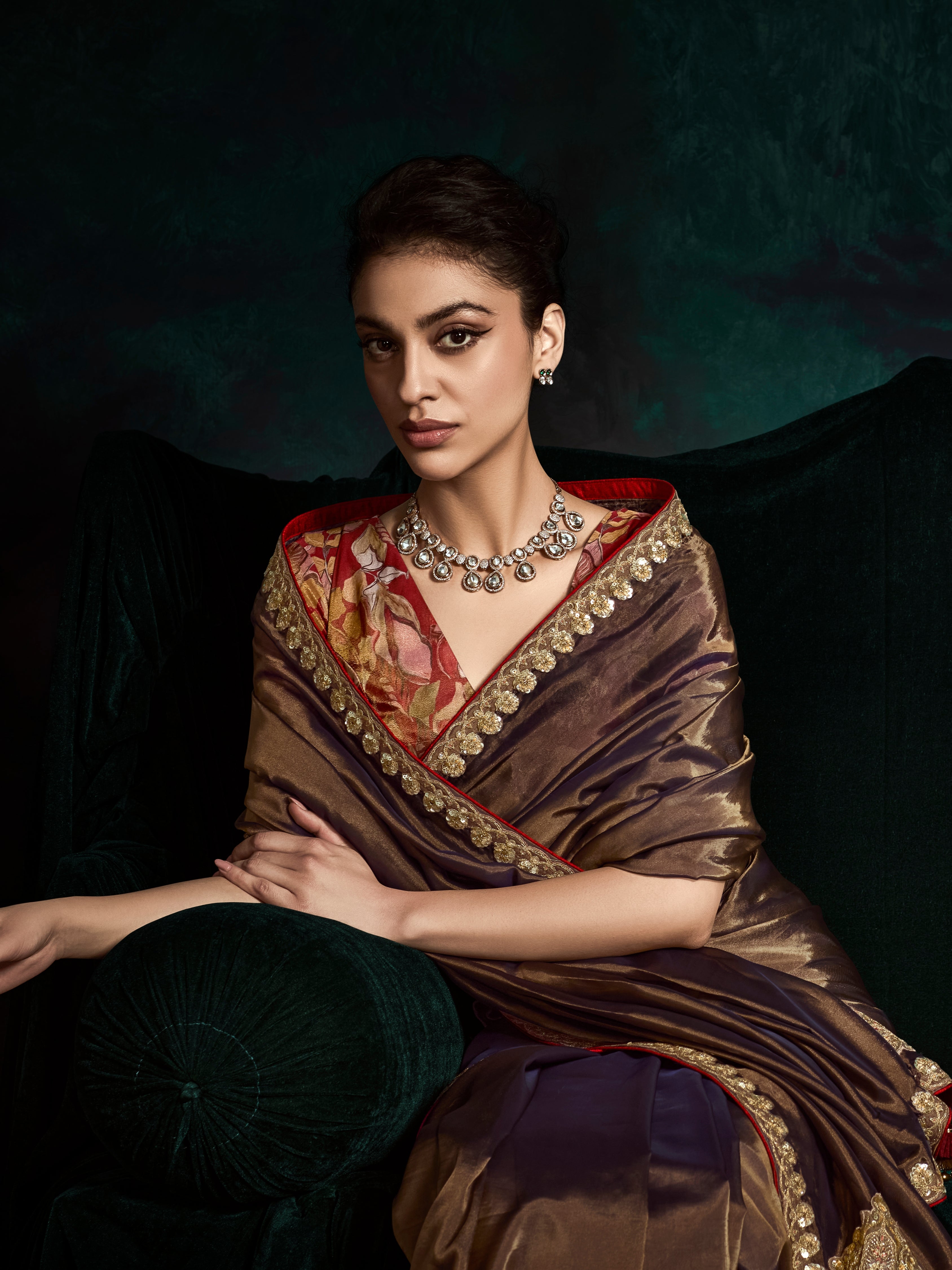 Brown Designer Saree with Sequin &amp; Thread Embroidery