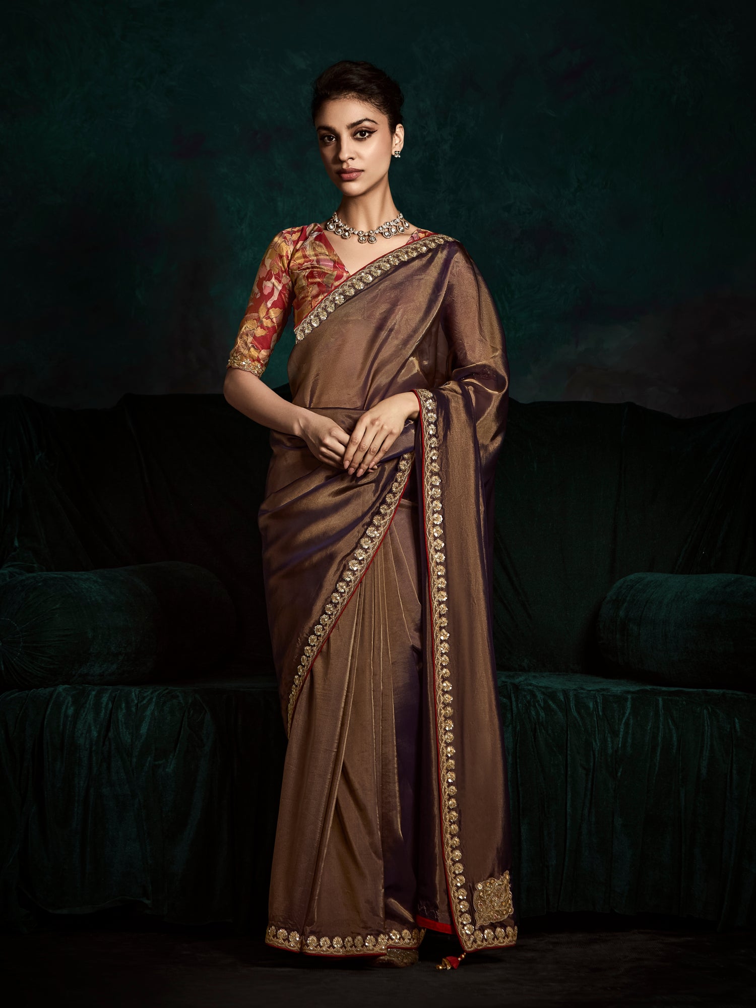 Brown Designer Saree with Sequin &amp; Thread Embroidery