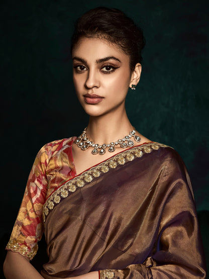 Brown Designer Saree with Sequin &amp; Thread Embroidery
