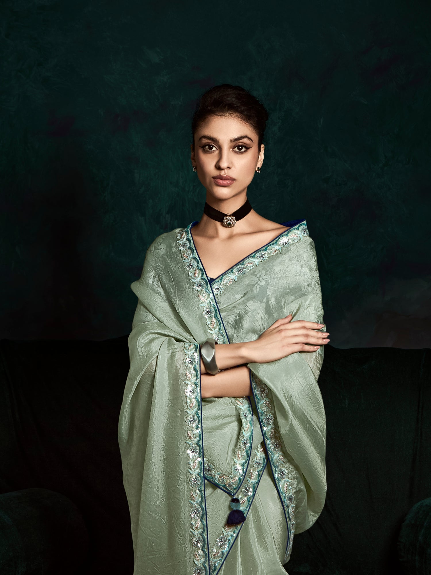 Light Mint Green Designer Saree with Sequin &amp; Thread Work