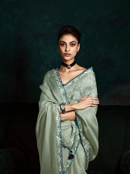 Light Mint Green Designer Saree with Sequin &amp; Thread Work