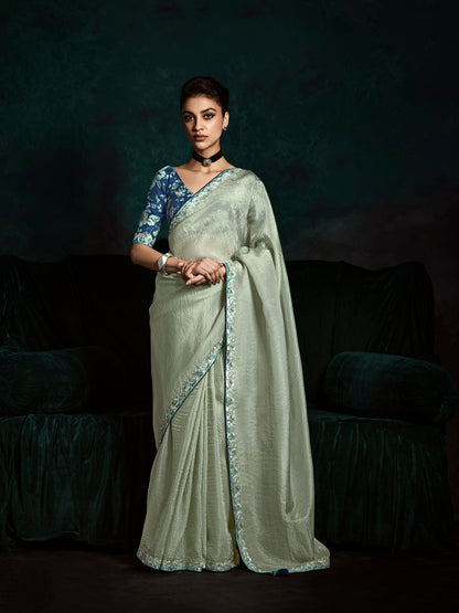 Light Mint Green Designer Saree with Sequin &amp; Thread Work